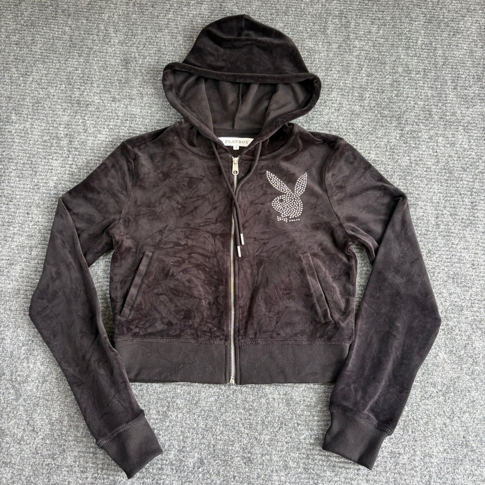 Playboy Womens Black Velour Rhinestone Bunny Logo Full Zip Cropped Hoodie Small